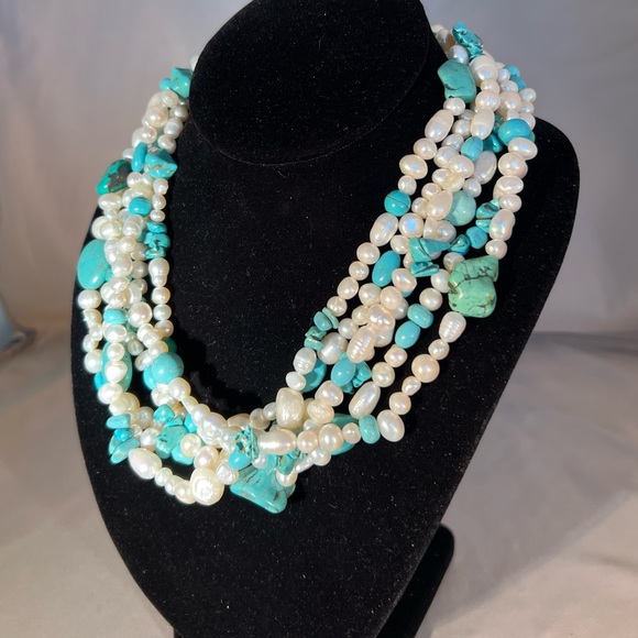 Freshwater Cultured Pearls w/Turquoise Handmade, 18”. Various Pearl Types & Size - Picture 3 of 4